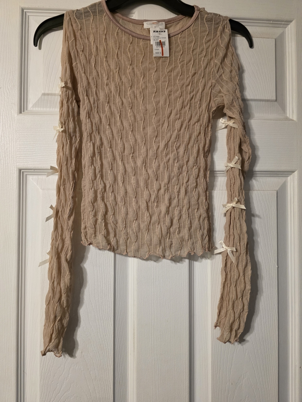 Tilly's Beige Long-Sleeve Ruffle Top with Side Bow Details